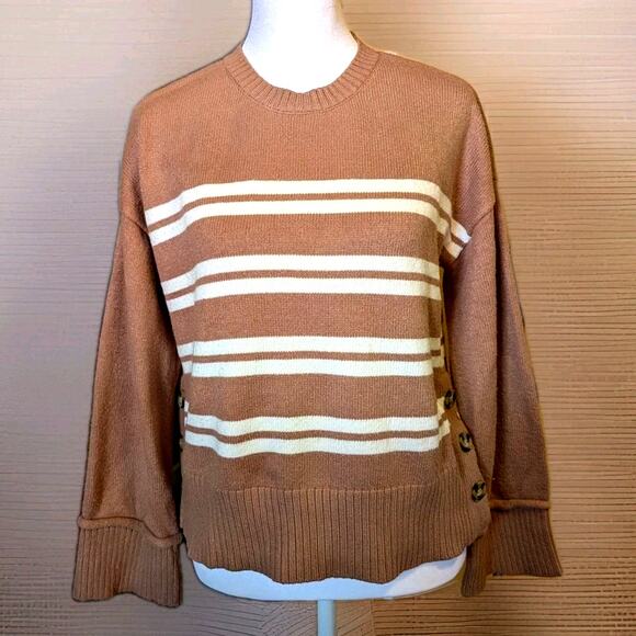Marled Retro 90's Cozy Cabin Crop Long Sleeve Sweater Striped Cream Tan Buttons - Picture 1 of 11